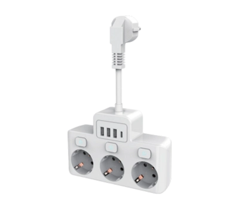 E14 유선 전원 스트립(유럽식 콘센트 3개, USB-A 포트 3개, USB-C 포트 1개, 독립 스위치 포함)