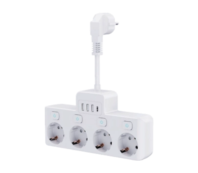 E14-4 유선 전원 스트립(유럽식 콘센트 4개, USB-A 포트 3개, USB-C 포트 1개, 독립 스위치 포함)