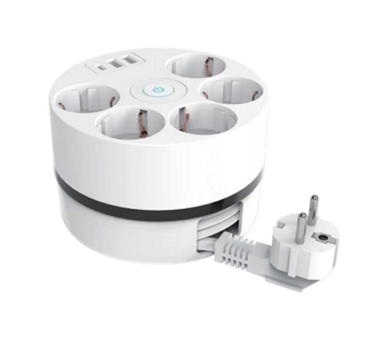 E18 케이블 릴 전원 스트립(접이식 코드 포함), 유럽식 콘센트 5개, USB-A 포트 2개 및 USB-C 포트 1개, 스위치 포함