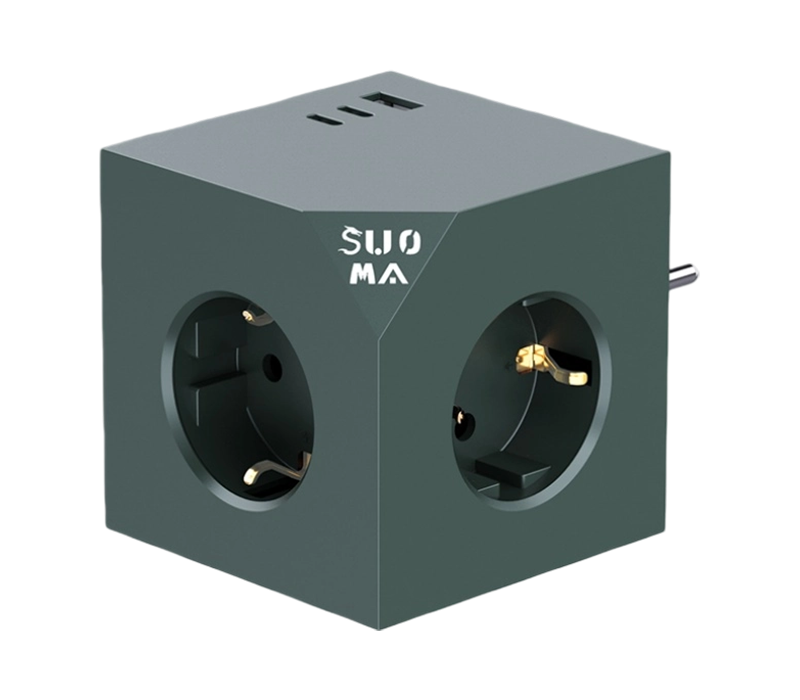 유럽식 콘센트 3개, USB-A 포트 1개, USB-C 포트 2개를 갖춘 E24 플러그인 큐브 전원 스트립
