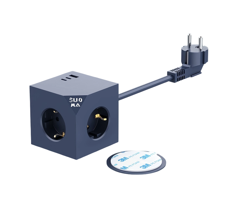 E25 유선 큐브 전원 스트립(유럽식 콘센트 3개, USB-A 포트 1개, USB-C 포트 2개, 3m 접착 스티커 포함)