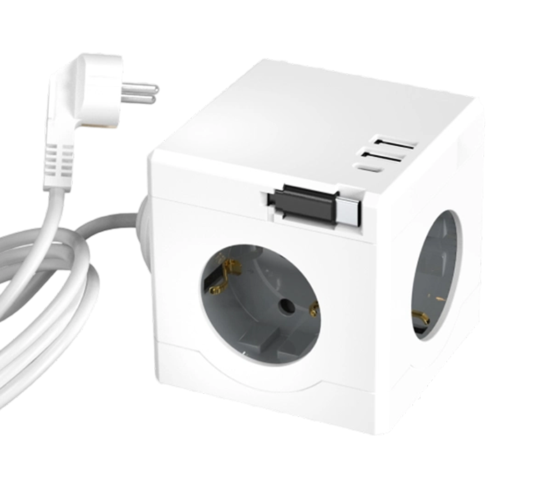 E16-D 유선 큐브 전원 스트립(유럽식 콘센트 3개, USB-A 포트 2개, USB-C 포트 1개, 접이식 충전 케이블 포함)