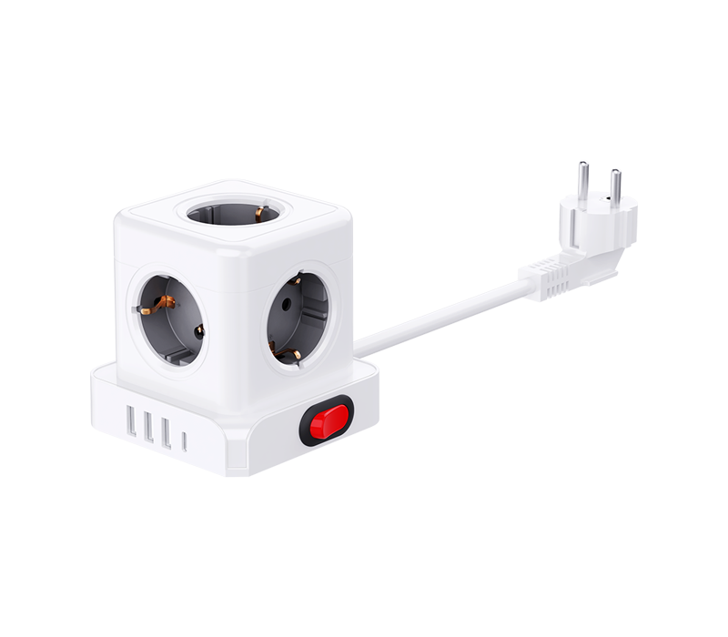 E23 유선 큐브 전원 스트립(유럽식 콘센트 5개, USB-A 포트 3개, USB-C 포트 1개, 스위치 포함)