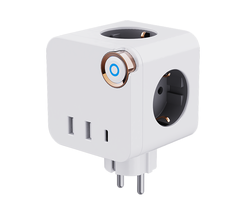 유럽식 콘센트 3개, USB-A 포트 2개, USB-C 포트 1개, 스위치 포함 E19 플러그인 큐브 전원 스트립